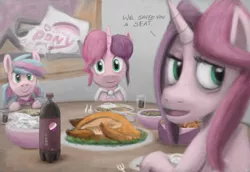 Size: 1280x880 | Tagged: safe, artist:unsavorydom, derpibooru import, oc, oc:gloomy, oc:junior, oc:marker pony, unofficial characters only, turkey, 4chan, bebsi, cooked, dead, eating, food, mlpg, ponies eating meat, thanksgiving, tzatziki