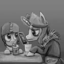 Size: 1000x1000 | Tagged: 4chan, artist:unsavorydom, bebsi, clothes, coat, derpibooru import, monochrome, oc, oc:gloomy, oc:marker pony, phone, safe, unofficial characters only
