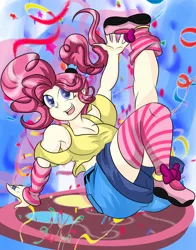 Size: 855x1093 | Tagged: artist:fourze-pony, cleavage, clothes, confetti, curvy, cute, derpibooru import, female, human, humanized, pinkie pie, safe, smiling, socks, solo, striped socks