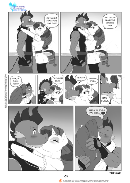 Size: 1200x1697 | Tagged: safe, artist:pia-sama, derpibooru import, rarity, spike, anthro, comic:rogue diamond, comic:rogue diamond holiday special, april fools, comic, female, kissing, male, monochrome, older, older spike, shipping, sparity, straight