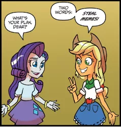 Size: 475x498 | Tagged: safe, artist:tonyfleecs, derpibooru import, idw, applejack, rarity, equestria girls, comic, exploitable meme, meme, two words meme