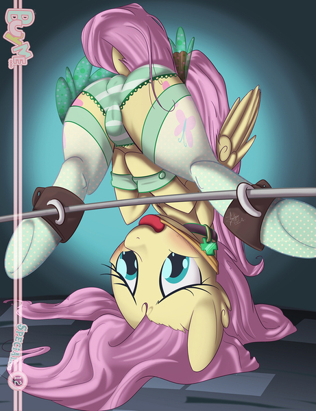 Size: 992x1292 | Tagged: anus cameltoe, artist:sip, ballgag, blushing, bondage, both cutie marks, cameltoe, clothes, collar, derpibooru import, dock, embarrassed, female, fluttershy, frilly underwear, gag, green underwear, nudity, panties, plot, ponut, questionable, socks, solo, solo female, spreader bar, stockings, striped underwear, thigh highs, underwear, upside down