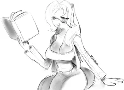 Size: 1768x1296 | Tagged: anthro, artist:moonseeker, book, breasts, cleavage, derpibooru import, doodle, female, monochrome, oc, oc:appel, rule 63, sketch, solo, solo female, suggestive, unofficial characters only