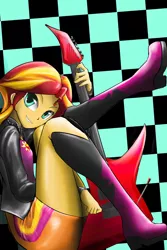 Size: 1000x1500 | Tagged: safe, artist:d-lowell, derpibooru import, sunset shimmer, equestria girls, rainbow rocks, clothes, cute, electric guitar, guitar, jacket, leather jacket, looking at you, shimmerbetes, skirt, solo