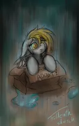 Size: 1207x1920 | Tagged: safe, artist:foldeath, derpibooru import, derpy hooves, pegasus, pony, adoption, box, crying, female, homeless, mare, pony in a box, rain, sad, solo