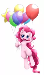 Size: 583x1000 | Tagged: safe, artist:hashioaryut, derpibooru import, pinkie pie, earth pony, pony, balloon, belly button, cute, diapinkes, female, floating, happy, heart balloon, hoof hold, mare, pixiv, simple background, solo, then watch her balloons lift her up to the sky, white background