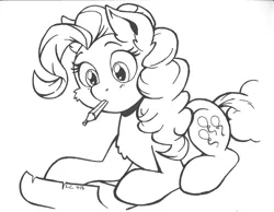Size: 1650x1281 | Tagged: safe, artist:latecustomer, derpibooru import, pinkie pie, earth pony, pony, black and white, grayscale, monochrome, mouth hold, paper, pencil, prone, simple background, solo, traditional art, white background