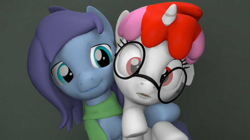 Size: 1280x720 | Tagged: safe, artist:camchao, derpibooru import, oc, oc:aural harmony, oc:righty tighty, unofficial characters only, earth pony, pony, unicorn, 3d, ambiguous gender, clothes, cute, duo, female, floppy ears, glasses, mare, scarf, silly, source filmmaker