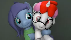 Size: 1280x720 | Tagged: safe, artist:camchao, derpibooru import, oc, oc:aural harmony, oc:righty tighty, unofficial characters only, earth pony, pony, unicorn, 3d, ambiguous gender, clothes, cute, duo, female, floppy ears, glasses, mare, scarf, silly, source filmmaker