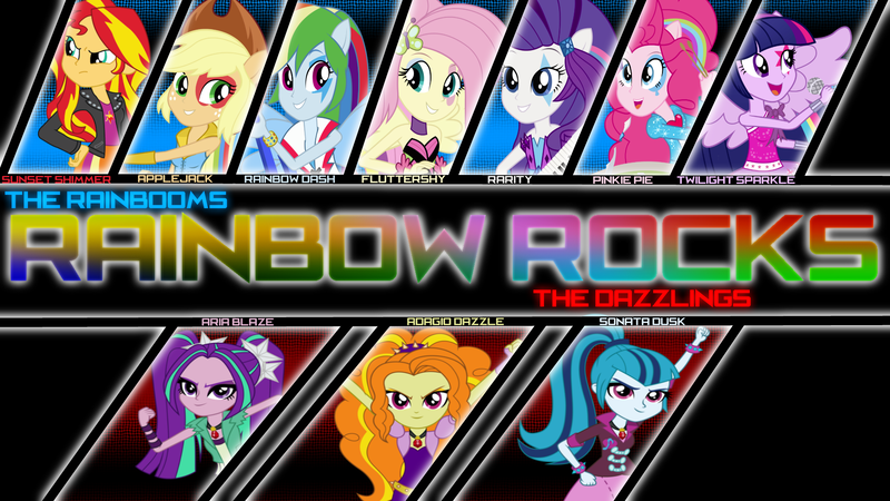 Size: 1920x1080 | Tagged: safe, artist:givralix, artist:sketchmcreations, artist:xyzextreme13, derpibooru import, adagio dazzle, applejack, aria blaze, fluttershy, pinkie pie, rainbow dash, rarity, sonata dusk, sunset shimmer, twilight sparkle, twilight sparkle (alicorn), equestria girls, rainbow rocks, humane five, humane seven, humane six, ponied up, the dazzlings, the rainbooms, vector, wallpaper