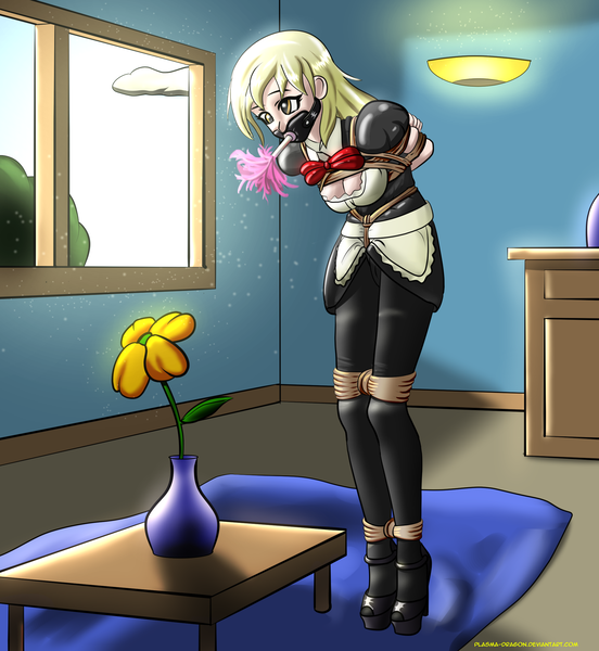 Size: 2172x2363 | Tagged: artist:plasma-dragon, bondage, box tied, breast bondage, breasts, clothes, crotch rope, derpibooru import, derpy hooves, duster, female, gag, high heels, human, humanized, humiliation, living object, maid, muzzle gag, pantyhose, questionable, rope, rope bondage, skirt, skirt lift, solo, solo female