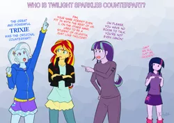 Size: 877x620 | Tagged: safe, artist:kibate, derpibooru import, starlight glimmer, sunset shimmer, trixie, twilight sparkle, twilight sparkle (alicorn), equestria girls, my past is not today, rainbow rocks, the cutie map, clothes, counterparts, crossed arms, dialogue, drama bait, loose hair, magical quartet, meta, open mouth, pointing, raised eyebrow, skirt, sunset vs starlight debate, twilight's counterparts, worried