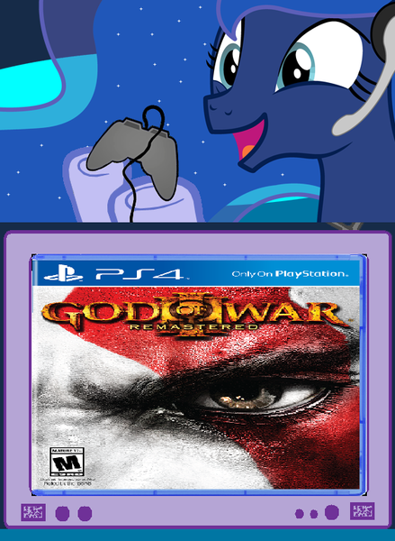 Size: 563x769 | Tagged: derpibooru import, exploitable meme, gamer luna, god of war, kratos, meme, obligatory pony, playstation 4, princess luna, remastered, safe, tv meme