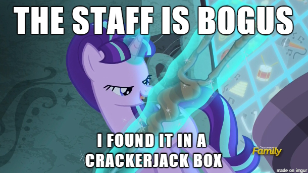 Size: 610x343 | Tagged: safe, derpibooru import, edit, edited screencap, screencap, starlight glimmer, the cutie map, image macro, levitation, lidded eyes, magic, meme, open mouth, s5 starlight, smiling, solo, spaceballs the tag, staff, staff of sameness, telekinesis