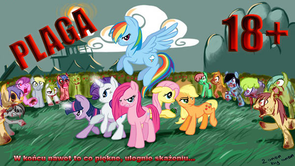 Size: 600x338 | Tagged: grimdark, artist:fiarel, derpibooru import, edit, applejack, derpy hooves, fluttershy, pinkie pie, rainbow dash, rarity, twilight sparkle, earth pony, pegasus, pony, unicorn, zombie, blood, cover, fanfic art, fanfic cover, female, grenade, mane six, mare, pinkamena diane pie, plague, polish