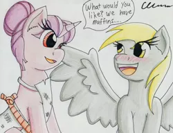 Size: 3274x2519 | Tagged: safe, artist:the1king, derpibooru import, derpy hooves, sugar belle, pegasus, pony, the cutie map, female, happy, mare, smiling, speech bubble, this will end in tears, traditional art