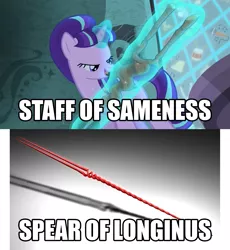 Size: 1837x2000 | Tagged: safe, derpibooru import, starlight glimmer, the cutie map, comparison, cutie mark vault, image macro, lance of longinus, meme, mind blown, neon genesis evangelion, s5 starlight, staff, staff of sameness