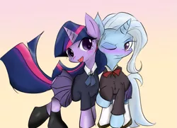 Size: 1379x1001 | Tagged: safe, artist:mabo3, derpibooru import, trixie, twilight sparkle, pony, unicorn, blushing, clothes, female, lesbian, mare, pixiv, school uniform, shipping, tongue out, twixie