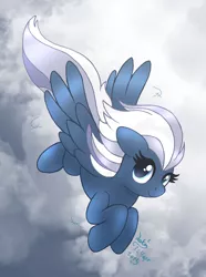 Size: 895x1200 | Tagged: artist:joakaha, cloud, cloudy, cute, derpibooru import, flying, glideabetes, looking at you, night glider, safe, smiling, solo, spread wings, the cutie map