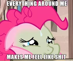 Size: 610x508 | Tagged: safe, derpibooru import, edit, edited screencap, screencap, pinkie pie, pony, the cutie map, cropped, female, green face, image macro, mare, meme, nauseous, sick, sweat, sweatdrop, text, vulgar, winnie the pink