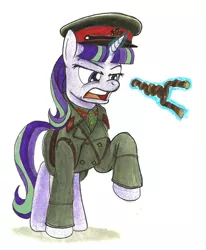 Size: 900x1093 | Tagged: artist:buckweiser, clothes, commissar, communism, derpibooru import, hat, nkvd, s5 starlight, safe, solo, soviet, soviet union, staff, staff of sameness, stalin glimmer, starlight glimmer, the cutie map, traditional art, uniform