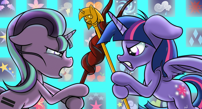 Size: 1024x555 | Tagged: safe, artist:arcuswind, derpibooru import, starlight glimmer, twilight sparkle, twilight sparkle (alicorn), alicorn, pony, the cutie map, cutie mark vault, female, fight, mare, s5 starlight, staff, staff of sameness, twilight scepter