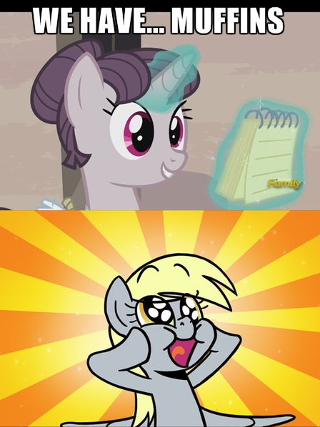 Size: 448x599 | Tagged: safe, artist:zicygomar, derpibooru import, edit, screencap, derpy hooves, sugar belle, pegasus, pony, the cutie map, discovery family logo, female, glow, happy, image macro, magic, mare, meme, notepad, reaction image, squishy cheeks, sunburst background, this will end in colic, this will end in disappointment