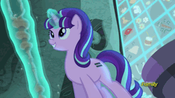 Size: 500x280 | Tagged: safe, derpibooru import, screencap, starlight glimmer, pony, unicorn, the cutie map, animated, blinking, cute, cutie mark vault, discovery family, discovery family logo, female, glimmerbetes, glowing horn, horn, lidded eyes, magic, mare, raised hoof, s5 starlight, smiling, solo, staff, staff of sameness, telekinesis, when she smiles