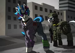 Size: 2450x1750 | Tagged: safe, artist:asktheguardponies, derpibooru import, double diamond, vinyl scratch, earth pony, pony, unicorn, the cutie map, alternate universe, city, clothes, female, gun, hooves, horn, male, mare, military, stallion, submachinegun, sunglasses, uniform, weapon