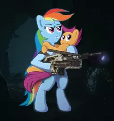 Size: 1024x1087 | Tagged: safe, artist:poslovinivan, derpibooru import, rainbow dash, scootaloo, ponified, alien, pony, bipedal, crossover, gun, m41a pulse rifle, pulse rifle, rifle, science fiction, scootalove, weapon