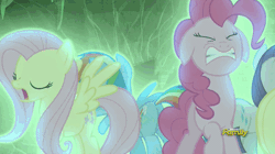 Size: 500x280 | Tagged: safe, derpibooru import, screencap, applejack, fluttershy, pinkie pie, rainbow dash, rarity, earth pony, pegasus, pony, unicorn, the cutie map, animated, butt, cutie mark theft, discovery family, discovery family logo, female, mare, pain, plot, stealing