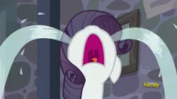 Size: 1355x761 | Tagged: safe, derpibooru import, screencap, rarity, pony, the cutie map, crying, female, indoctrination hut, mare, marshmelodrama, nose in the air, ocular gushers, open mouth, solo, uvula, volumetric mouth