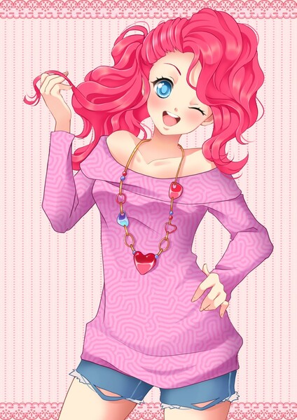 Size: 905x1280 | Tagged: artist:ross-86, clothes, colored pupils, cute, daisy dukes, derpibooru import, diapinkes, female, hair twirl, hand on hip, human, humanized, looking at you, necklace, off shoulder, open mouth, pinkie pie, ponytail, safe, shoulderless, solo, wink