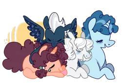 Size: 1280x868 | Tagged: artist:pizzakladd, blushing, cuddling, cute, derpibooru import, double dawwmond, double diamond, equal four, eyes closed, favorbetes, glideabetes, night glider, party favor, pony pile, prone, safe, sleeping, smiling, snuggling, sugar belle, sugarbetes, the cutie map