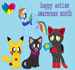 Size: 1024x955 | Tagged: artist:pokemonlpsfan, autism, autism awareness month, backwards cutie mark, cat, crossover, derpibooru import, pikachu, pokémon, puzzle piece, rainbow dash, safe