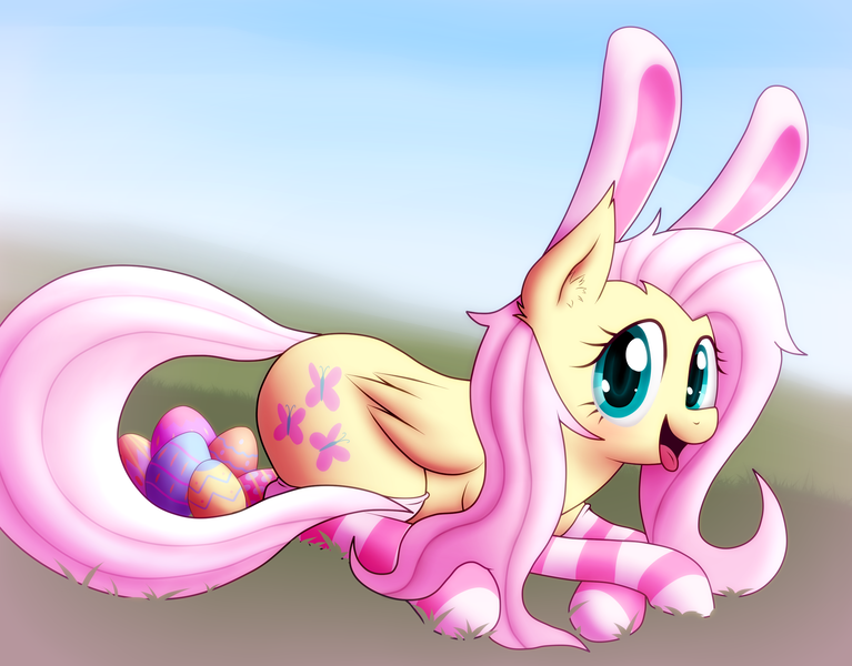 Size: 2300x1800 | Tagged: artist:smokedpone, bunny ears, bunnyshy, clothes, cute, derpibooru import, easter, easter egg, egg, fluttershy, looking at you, open mouth, safe, shyabetes, socks, striped socks, wide eyes