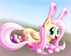 Size: 2300x1800 | Tagged: artist:smokedpone, bunny ears, bunnyshy, clothes, cute, derpibooru import, easter, easter egg, egg, fluttershy, looking at you, open mouth, safe, shyabetes, socks, striped socks, wide eyes