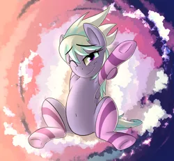 Size: 2100x1938 | Tagged: armpits, artist:january3rd, belly button, clothes, cloudchaser, cutechaser, derpibooru import, morning ponies, safe, sitting, socks, solo, stretching, striped socks, underhoof, wink