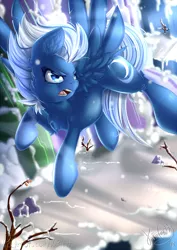 Size: 918x1300 | Tagged: safe, artist:knifeh, derpibooru import, night glider, pegasus, pony, the cutie map, chest fluff, ear fluff, female, flying, mare, snow, solo, winter