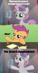 Size: 870x1674 | Tagged: bad sweetie belle joke, bloom and gloom, branch davidians, cult, derpibooru import, meme, pun, safe, scootaloo, sweetie belle, waco