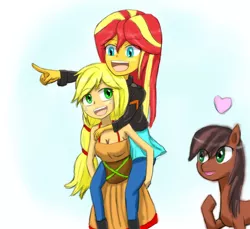 Size: 1303x1194 | Tagged: safe, artist:jumboz95, derpibooru import, applejack, lonestar, sunset shimmer, ponified, equestria girls, friendship through the ages, :d, ambiguous gender, appleshimmer, cleavage, country applejack, cute, female, heart, human female, humans riding humans, lesbian, piggyback ride, shipping, sleeveless