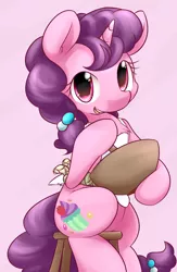 Size: 1250x1920 | Tagged: safe, artist:dshou, derpibooru import, sugar belle, pony, unicorn, the cutie map, apron, bowl, clothes, cute, female, happy, looking at you, mare, mixing bowl, open mouth, solo, stool, sugarbetes
