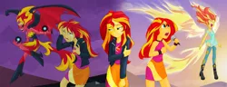 Size: 2299x885 | Tagged: safe, artist:didj, derpibooru import, sunset shimmer, equestria girls, my past is not today, rainbow rocks, clothes, crown, crying, eyes closed, fangs, flying, jacket, jewelry, microphone, multeity, one eye closed, open mouth, regalia, singing, sunset phoenix, sunset satan