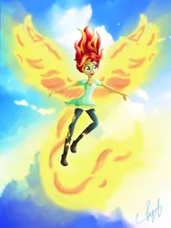 Size: 2160x2880 | Tagged: safe, artist:applealice24, derpibooru import, sunset shimmer, equestria girls, my past is not today, fiery shimmer, fiery wings, fire, happy, solo, sunset phoenix