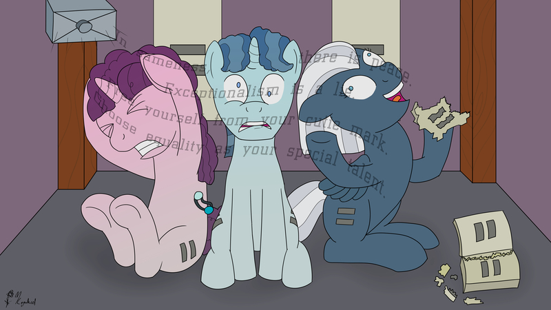 Size: 7680x4320 | Tagged: safe, artist:mkogwheel, derpibooru import, night glider, party favor, sugar belle, the cutie map, absurd resolution, angry, brainwashing, derp, equal cutie mark, equalized, i didn't listen, insanity, meme, psychological torture