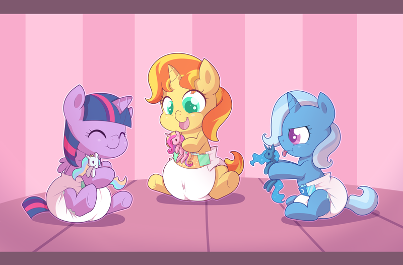 Size: 2890x1900 | Tagged: safe, artist:cuddlehooves, derpibooru import, princess cadance, princess celestia, princess luna, sunset shimmer, trixie, twilight sparkle, twilight sparkle (alicorn), alicorn, pony, unicorn, baby, baby pony, baby trixie, babylight sparkle, babyset shimmer, counterparts, cuddlehooves is trying to murder us, cute, cutie mark diapers, diaper, diatrixes, eyes closed, female, foal, holding, magical trio, mare, open mouth, plushie, poofy diaper, shimmerbetes, smiling, tongue out, twiabetes, twilight's counterparts, twix-e, underhoof