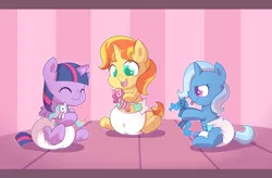 Size: 2890x1900 | Tagged: safe, artist:cuddlehooves, derpibooru import, princess cadance, princess celestia, princess luna, sunset shimmer, trixie, twilight sparkle, twilight sparkle (alicorn), alicorn, pony, unicorn, baby, baby pony, baby trixie, babylight sparkle, babyset shimmer, counterparts, cuddlehooves is trying to murder us, cute, cutie mark diapers, diaper, diatrixes, eyes closed, female, foal, holding, magical trio, mare, open mouth, plushie, poofy diaper, shimmerbetes, smiling, tongue out, twiabetes, twilight's counterparts, twix-e, underhoof