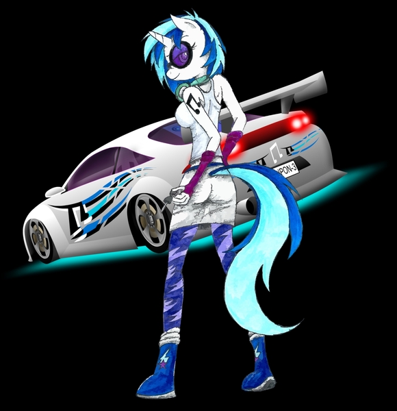 Size: 1450x1500 | Tagged: alternative cutie mark placement, anthro, artist:gonein10seconds, boost, car, derpibooru import, equestria girls outfit, looking back, mitsubishi, mitsubishi eclipse, neon, safe, simple background, solo, vinyl scratch