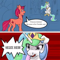 Size: 1000x1000 | Tagged: artist:geomancing, comic, derpibooru import, nose wrinkle, oc, oc:eve twinkle, princess celestia, safe