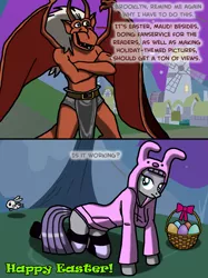 Size: 1500x2010 | Tagged: suggestive, artist:flyingbrickanimation, derpibooru import, angel bunny, maud pie, anthro, earth pony, rabbit, unguligrade anthro, all fours, arm hooves, basket, brooklyn, bunny costume, bunny hood, clothes, comic, crossover, crossover shipping, easter, easter basket, easter egg, female, gargoyles, hoodie, male, maudlyn, panties, pink underwear, shipping, socks, straight, striped socks, underwear